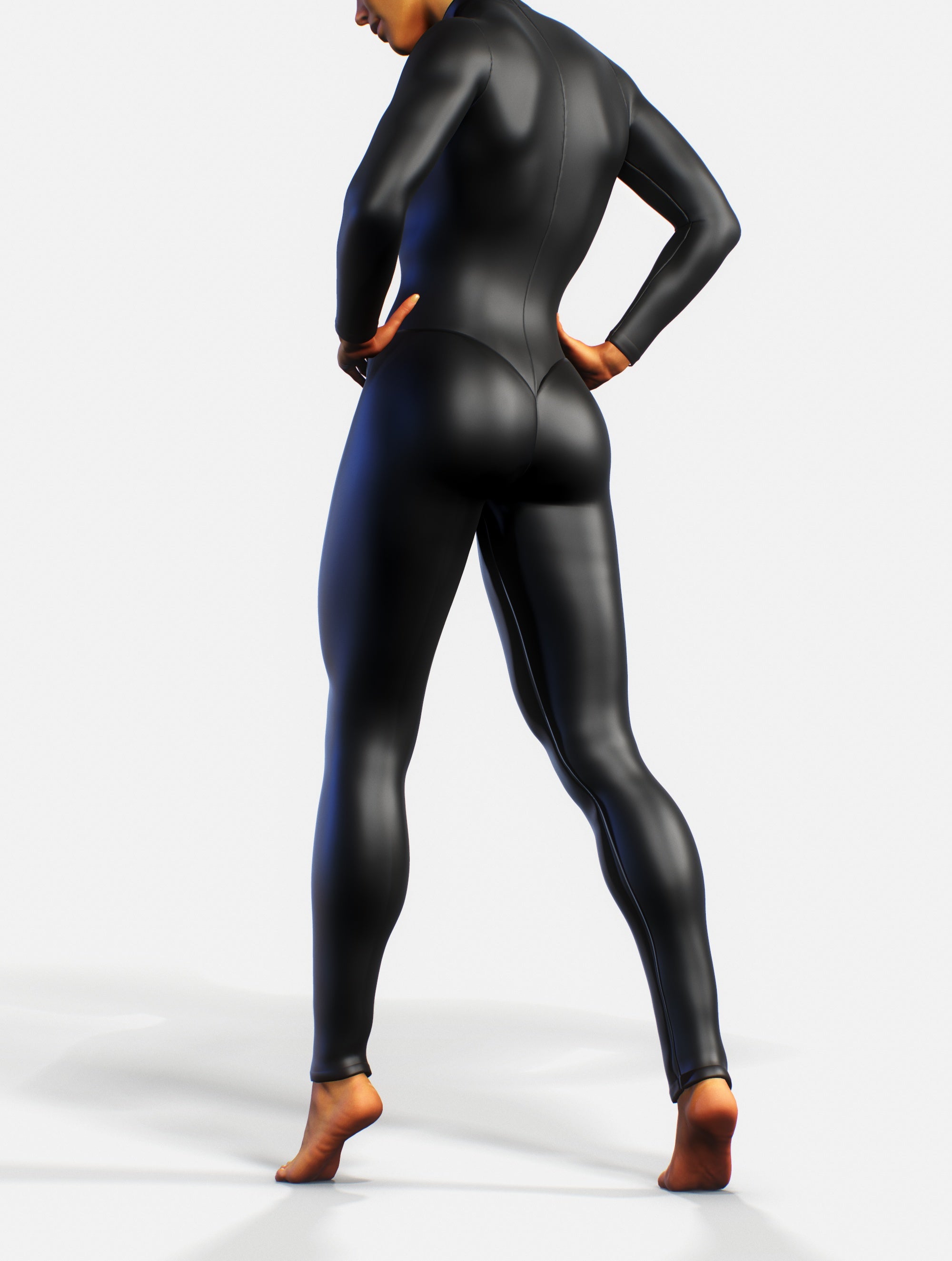 BDSM Concepts. Back View of Caucasian Female in Sexy Leather Bodysuit  Prepared for Sado-Masochism Play. Pulling Pants Off the Buttocks. Over  Black. Stock Photo