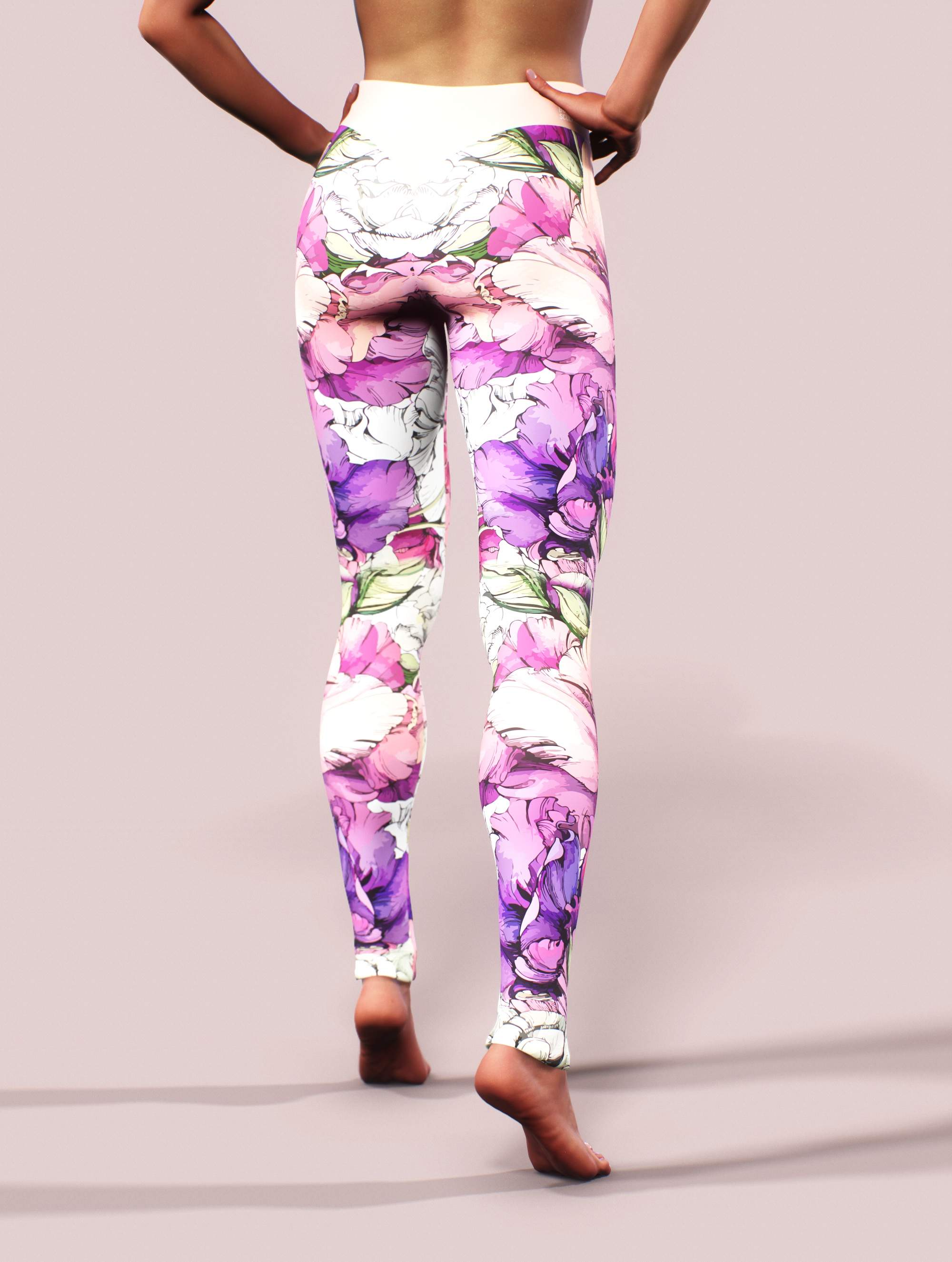 Pink Flowers Yoga Leggings Women, Peony Floral High Waisted Pants